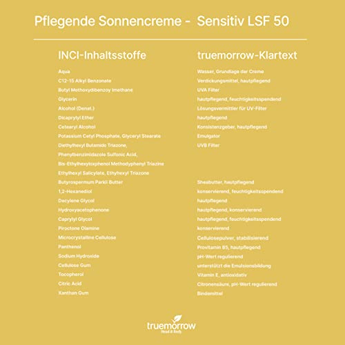 Foto von truemorrow pflegende Sonnencreme SENSITIV | 200ml | wasserfest | auch für Kinder geeignet | ohne Octocrylene | nachhaltig, klimaneutral, vegan, korallenfreundlich, made in Germany (LSF 50, 1 Flasche)