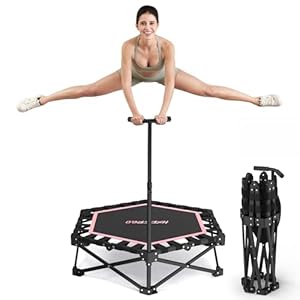 HXD-ERGO Fitness Trampolin Mit Verstellbaren Griffen, Klappbar Jumping Minitrampolin für Erwachsene, Durchmesser 106 cm, Schwarz und Pink