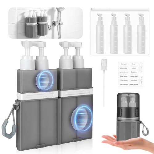 Yotako 4 in 1 Travel Bottles Dispenser - TSA Leak Proof Refillable Silicone Squeeze Pump Dispenser Bottles with Suction Cup Portable Travel Bottles for Toiletries Shampoo Conditioner Body Wash Lotion