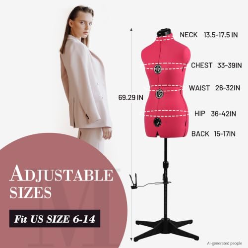 MNOXBCCO Pink Adjustable Dress Form Mannequin for Sewing Female Size 6-14, Pin-able Model Body with 13 Dials & 360 Degree Hem Guide, Up to 75" Height Adjustable for Clothing Display by MNOXBCCO - Image 3
