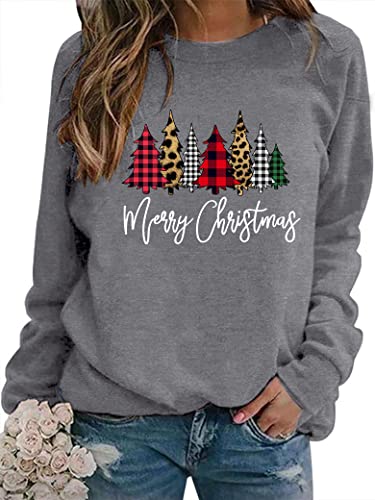 WIEIYM Jersey de Navidad para mujer Sudadera con estampado de árbol de Navidad Cuello Redondo Manga Larga Jersey de Navidad Casual Suéter de Navidad Tops Sudaderas de Navidad, Gun,, gris, L