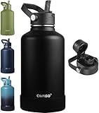 CIVAGO 64 oz Insulated Stainless Steel Water Bottle with Detachable Straw, Large Half Gallon Water Jug with Bucket Handle, Big Metal Leakproof Flask with Silicone Boot for Gym, Dishwasher Safe, Black