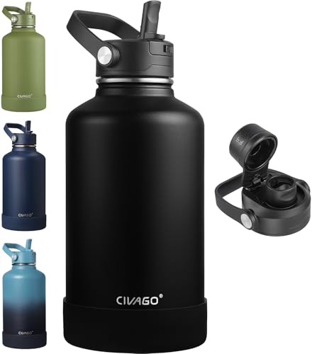 With Detachable Straw, Large Half Gallon Water Jug With Bucket Handle, Big Metal Leakproof Flask With Silicone Boot For Gym, Dishwasher Safe, Black