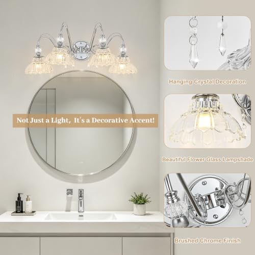 Image of Brushed Chrome Bathroom Vanity Light, 4-Light Chrome Finish Wall Sconce with Hanging Crystal Accents and Flower-Shaped Clear Glass Shades, Modern Wall Mount Vanity Light Over Mirror for Bathroom