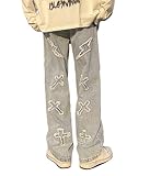 shownicer Herren Hip Hop Jeans Baggy Straight Leg Gewaschen Jeanshose Casual Denim Hosen Vintage Bedruckte Jeans Teenager Jungen Skateboard Hose Streetwear A Blau S