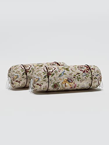 Image of Clasiko Cotton Bolster Covers; Set of 2; 220 TC; Multi Flowers On Beige Base; 30x15 Inches