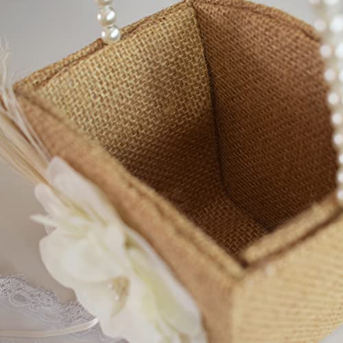 ATAILOVE Burlap Flower Girl Basket for Weddings,Romantic Cherish Pearl Handle Wedding Flower Basket - Thumbnail 7