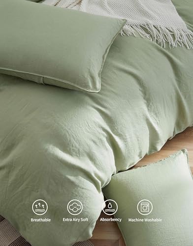 AORISSI 100% French Flax Linen Duvet Cover Set, Queen Size 90''x90'' 3 Pcs with 8 Corner Ties and Button Closure, Soft and Breathable for All Season (Green, Queen) — view 6
