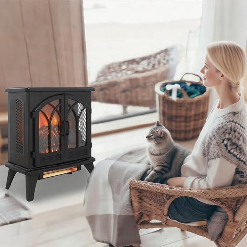 24" Electric Fireplace, Freestanding Fireplace Heater w/Realistic Flame, Remote, Timer, Adjustable Brightness, Thermostat, Overheating Protection, 1500W, Black - Thumbnail 3