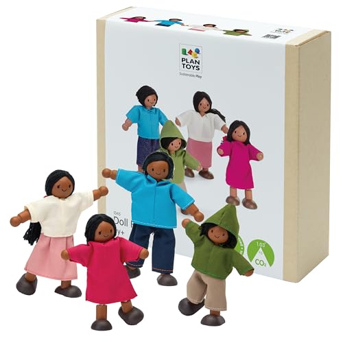 PlanToys® Wooden Dollhouse Family Set – Medium Skin Tone | Father, Mother, Son & Daughter Poseable Figurines | 1:12 Scale Wooden Dollhouse Accessories for Pretend Play