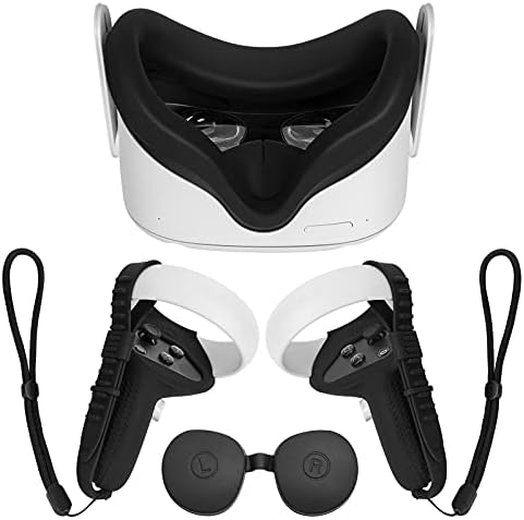 Touch Controller Grip Cover for Quest 2 VR Accessories, Silicone Face Cover, Protective Lens Cover, Knuckle Straps and Wrist Straps, Soft Anti-Throw Protective Sleeve Kit (Black)