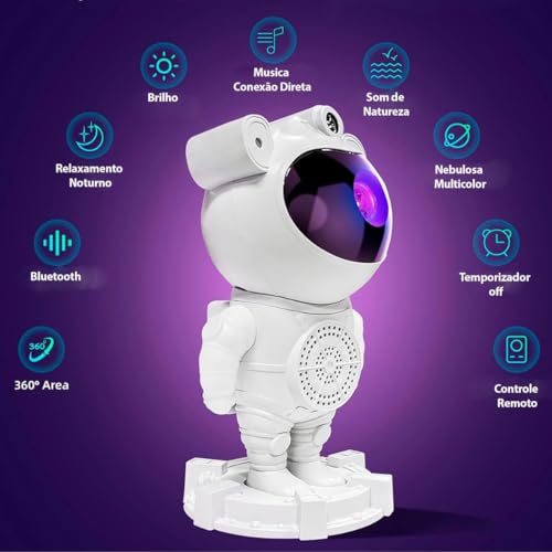 Projetor Astronauta Galaxia e Estrelas com Som Bluetooth Luminária Nebulosa Lua Luz Noturna com Cont
