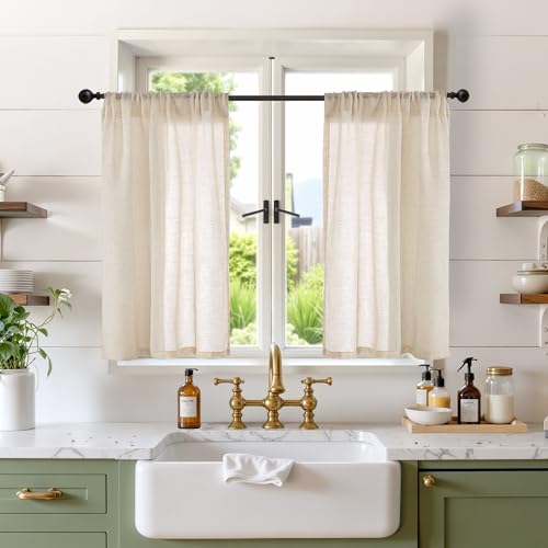 Image of BGment Burlap Linen Kitchen Curtains 36 Inch Length Window Over Sink | Short Drapes Light Filtering Semi Sheer with Rod Pocket for Bathroom Cafe Windows Lightweight, 2 Panels Set, 30 X 36 Inch
