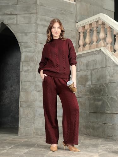 Image of Kvetoo Woolen High Neck Sweater With Pajama Tracksuit For Women Winter Wear Co-ord Set