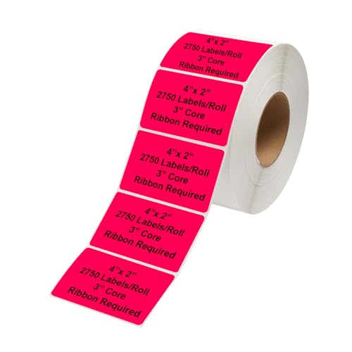 Industrial Thermal Transfer Labels, Red, 4 x 2 Inches, 3 Inch Core, 2,750 Labels/Roll, Perforated, Ribbon Required, for Thermal Transfer Printers