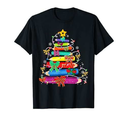 Cute Coquette Bow Teacher Christmas Crayons Pencil Tree Xmas T-Shirt