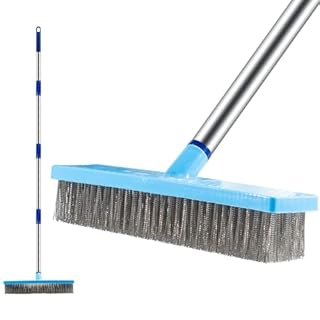 60"/152.5 CM Stainless Steel Deck Scrub Brush with Long Handle - Heavy Duty Floor Scrubber for Concrete, Grout, Garage, Patio, Boat & Garden - Stiff Bristle Broom for Moss, Tough Stains & Dirt Removal