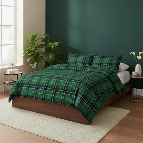Image of Pro Home Tartan Check Flannelette Duvet Cover Set – Warm & Cozy 100% Brushed Cotton Reversible Bedding Quilt Covers with Pillowcases (Green, Single)