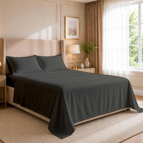 Cottingon California King Sheet Set - 4 Piece Cotton Bedding Set, Fits Up to 15" Deep Mattress, Cal King 72" x 84", Dark Grey Stripe