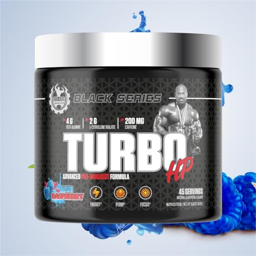 Image of DEXTER JACKSON Black Series Turbo HP Pre Workout | Flavoured, Advanced Formula | Boost Energy and Performance | 45 Servings, 450 Gram (Regular, Blue Raspberry)
