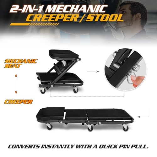 Magshion 36" Z-Creeper Seat Foldable Under Car Creeper, 330 lbs Capacity All-in-One Adjustable Roller Garage Chair Lay Down or Sit, 6 Wheels (Black) by Magshion - Used condition - Image 4