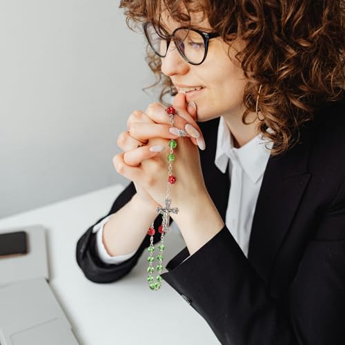 Our Lady of Guadalupe Rosary Beads Catholic for Women,Green Crystal Rosary with Red Rose,Virgin Mary Necklace Catholic Gifts Women,Rosarios Catolicos Para Muje4