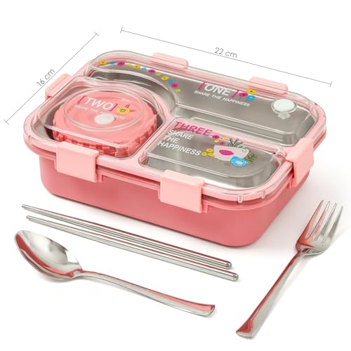 Image of Brand Conquer Lunch Box 3 Compartment Leak-Proof BPA Free Stainless Steel for School, Lunch Box for School & Office with a Fork, a Spoon and a Pair of Chopsticks (Classic Pink, Happiness Kawaii)