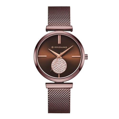 Image of Giordano Eleganza Analog Watch for Women - Round Dial with Crystal Studded Accents & Metallic Mesh Strap - Includes Matching Heart-Charm Gold-Tone Bangle