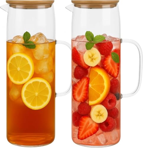 Set of 2 Glass Pitchers with Lids, 1.5L Water Jugs for Hot & Cold Beverages - Borosilicate Glass for Fridge - Ideal for Iced Tea, Juice, Milk & More