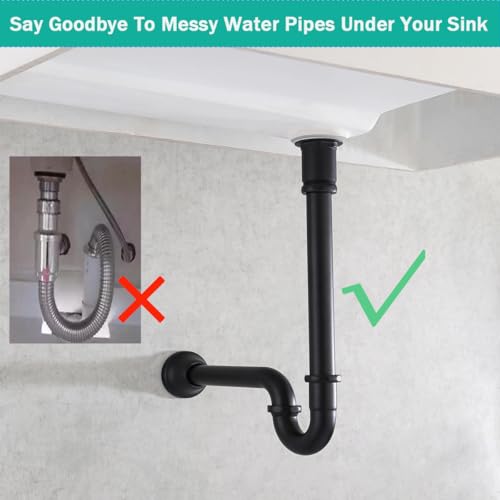 SEABEFORE Brass P Trap U-Shape 1 1/4 inch Sink Drain Pipe with Slip Joint Extension Tub,12 inch Vertical Pipe length Adjustable Height Sink Waste Trap Drain Kit Matte Black,SE83555MB-L