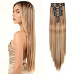 Hair Extensions Clip In 22 Inch Long Straight Clip in Hair Extensions Light Blonde with Golden Highlights Synthetic Fiber 12 PCS 180g Hairpiece for Women