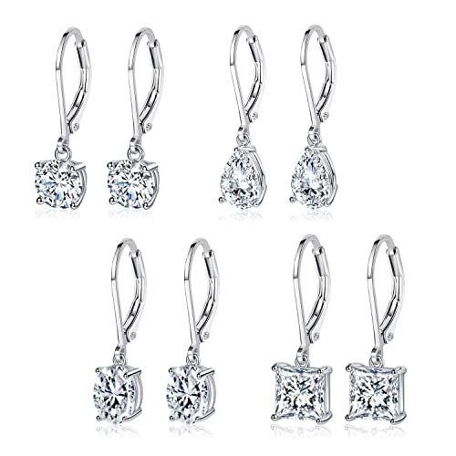 18K White Gold Plated Earrings Round Princess Cut Clear Cubic Zirconia Tear Drop Dangle Earrings for Women Hypoallergenic
