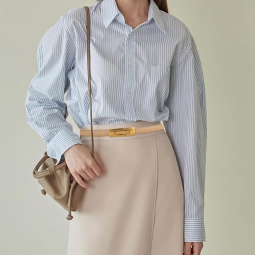 Women Skinny Leather Belt Solid Color Vintage Metal Interlock Buckle Adjustable Thin Waist Belt2