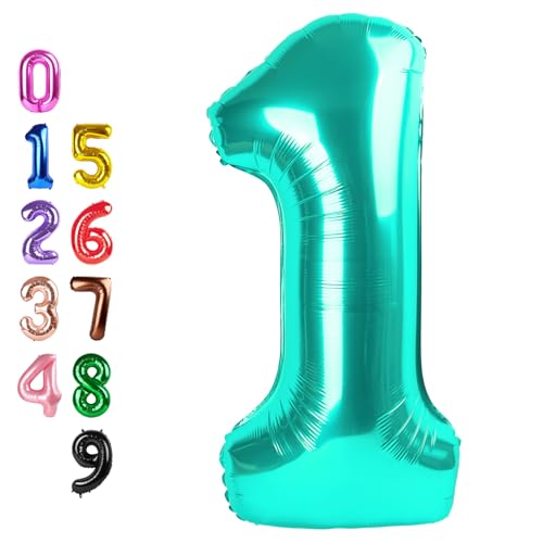 Image of Number Balloons Teal Blue 1 Balloon 40 inch for 1st Birthday Decoration | Saturated Color, Large 40 in, With Inflation Straw & Hanging Hole, Great for Men's Party, Back-To-School Season, Pool Party