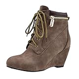 Woaikeyu Nubukleder Damen-Stiefel, Retro, Keilabsatz, Schnürung, Booties, elegant, für Damen, niedriger Absatz, Stiefel, braun, 39 EU
