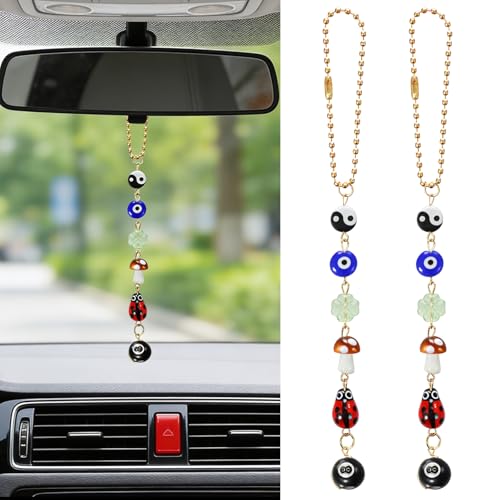 2 szt. Złe Oko Samochodowe Lusterko Wiszące Akcesoria, Good Lucky Days Lusterko wsteczne 8 Kulka Grzyb Czterolistna Koniczyna Wisiorek Charm Uroczy Boho Złe Oko Biedronka Yin Yang Symbol Samochodu