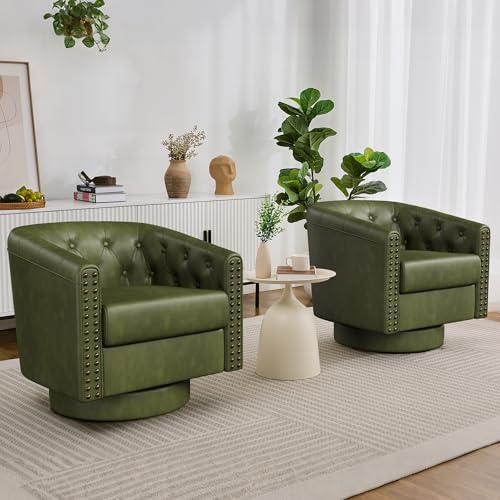 Image of Swivel Barrel Accent Chairs Set of 2,Round Nailhead Faux Leather Living Room Arm Chairs,Modern Upholstered Comfty Reading Chairs for Bedroom,Small Club Armchair,Sofa Side Chairs,Olive Green