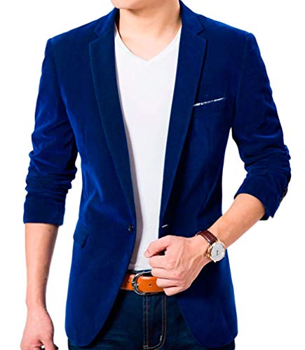 Chaqueta de terciopelo azul real para hombre, con solapa de pico y un botón, para hombre, corte entallado, estilo casual