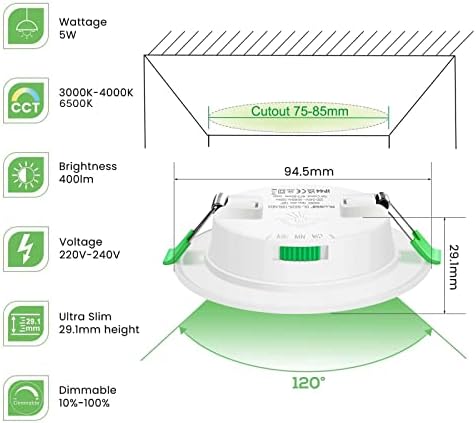 ALUSSO LED Recessed Ceiling Spotlights Dimmable, 5W Downlight Ultra Slim 400LM, Warm White 3000K Neutral White 4000K Cool White 6500K Adjustable, IP44 Waterproof Lighting for Bathroom Kitchen, 12 Pack