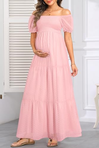 Image of Off The Shoulder Maternity Dress for Baby Shower - Women's Boho Swiss Dot Smocked Puff Sleeve Maxi Dress