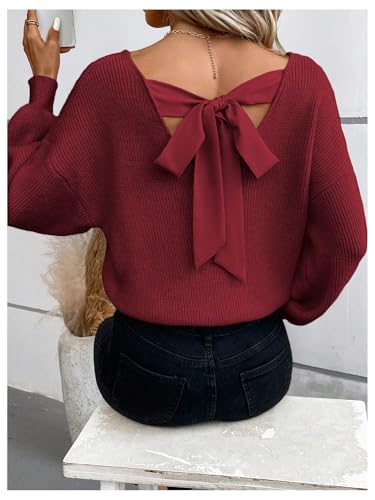 Image of GORGLITTER Women's Bow Fall Sweaters 2025 Cable Knit Chunky Oversized Long Sleeve Backless V Neck Pullover Tops