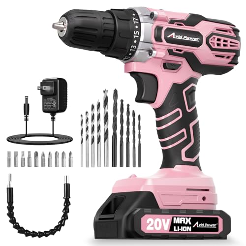 AVID POWER 20V MAX Power Drill Kit, Cordless Drill Set with Battery and Charger, 2 Variable Speed, 3/8-Inch Keyless Chuck, 19 Position and 22pcs Bits - Pink by AVID POWER - Used condition - US$41.79