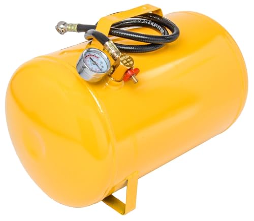JEGS 5-Gallon Portable Air Tank | 125 PSI Maximum Pressure | Yellow Coated Steel | Includes Industrial-Grade Air Hose with Standard Air Chuck | Easy-To-Read Pressure Gauge