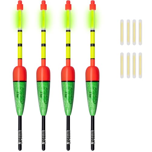 QualyQualy Lighted Fishing Slip Bobber 4-5Pcs Wood/EVA Fish Float + 8-10Pcs Glow Sticks, Night Fishing Light Up Slip Bobber for Crappie Bass Panfish Catfish Walleye