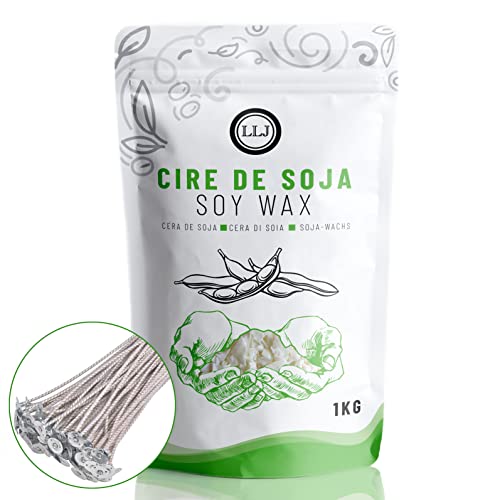 LLJ Cire de Soja pour Bougie - Cire Végétale Naturelle Haute Qualité pour la Confection de Bougies - 20 Mèches à Bougies Incluses - Garantie Sans OGM - Diffusion Optimale du Parfum - 1 KG Cover