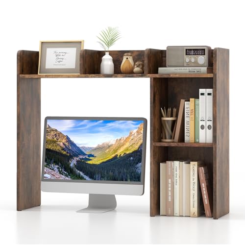 COSTWAY Regał na biurko, regał stołowy z 4 półkami i otwartą półką, system odkładania, uniwersalny organizer stołowy na biurko, 94 x 25 x 74 cm (rustykalny brąz)
