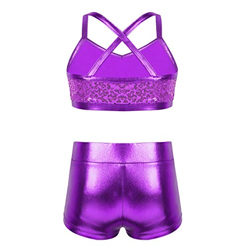 Girls 2-Piece Dance Outfit Sequins Crop Tops and Shorts for Ballet Sports Workout Gymnastics Training2