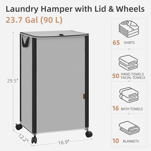 STORAGE MANIAC Rolling Laundry Hamper with Lid, 23.7 Gal (90 L) Large Tall Laundry Basket with Wheels & Handles, Aesthetic Dirty Clothes Hamper for Small Space, Dorm, Apartment, College, Gray by STORAGE MANIAC - Image 4
