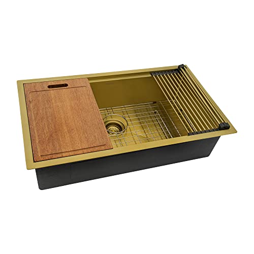 Ruvati 27 inch Workstation Satin Gold Matte Brass Stainless Steel Undermount Kitchen Sink Single Bowl - RVH6527GG