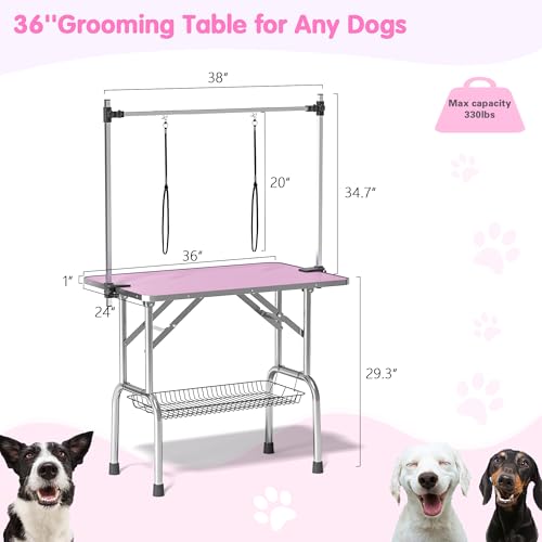 Image of Lyromix 36'' Stainless Steel Pet Dog Grooming Table, Arm /Noose /Tray, Pink